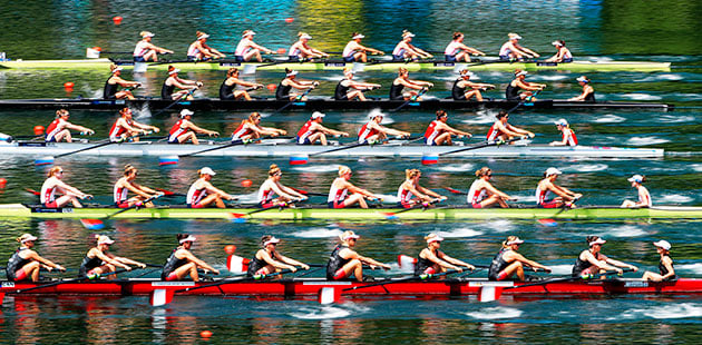 The U.S. women's eight (second from bottom) racing at the World Rowing Cup II in Lucerne, Switzerland in May.